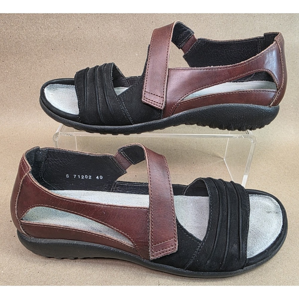 Naot (Sz 40) Women's Papaki Brown Leather Black Suede Flat Comfort Sandals